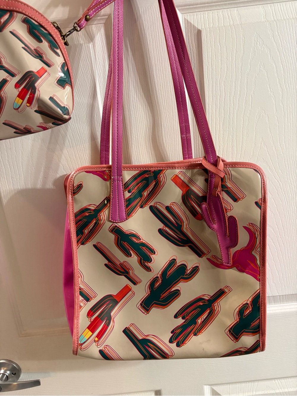 Pink Cactus-Print Tote Bag with Hot Pink Straps